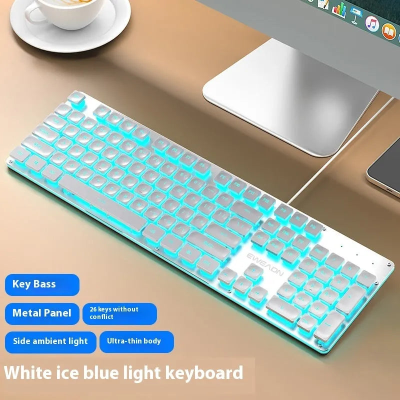 Mute mechanical keyboard with LED lighting and matching wired mouse in silver white blue colour combination
