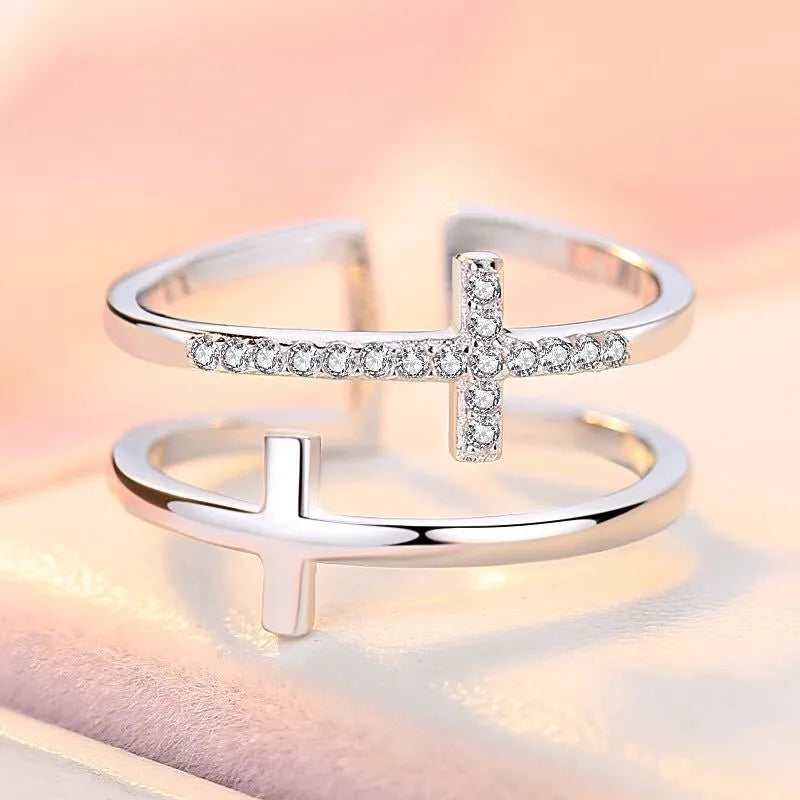 Adjustable double cross zircon ring with copper construction and white gold electroplated finish
