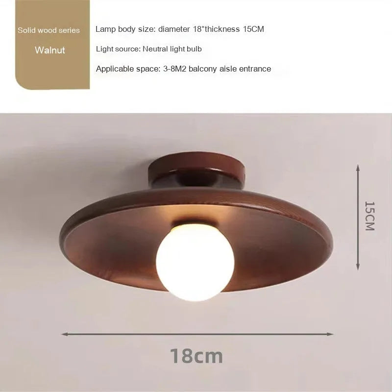 Japanese-style solid wood ceiling lamp in walnut finish with circular shade, 28cm diameter, mounted on ceiling