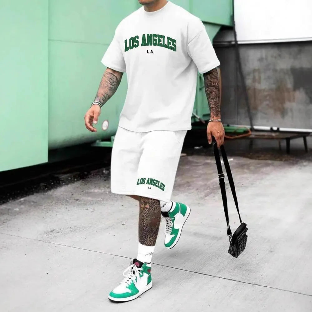 Men's 3D printed letter pattern sportswear two-piece set with short sleeves and shorts