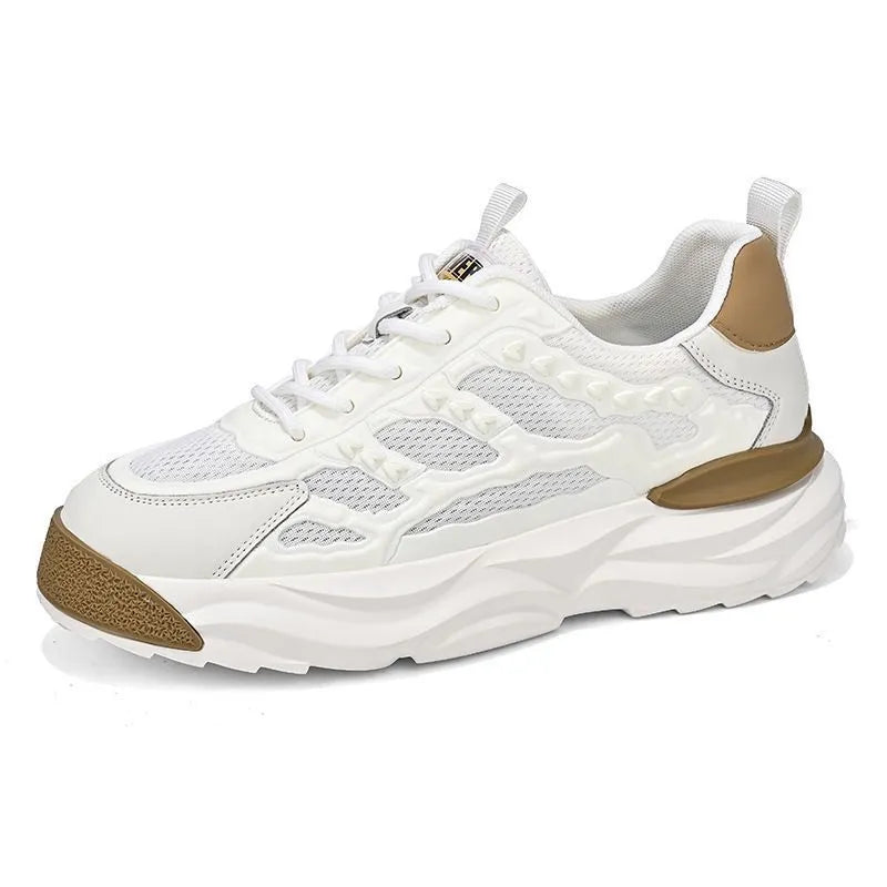 Men's solid colour casual shoes with breathable PU mesh upper and round toe in black and white.