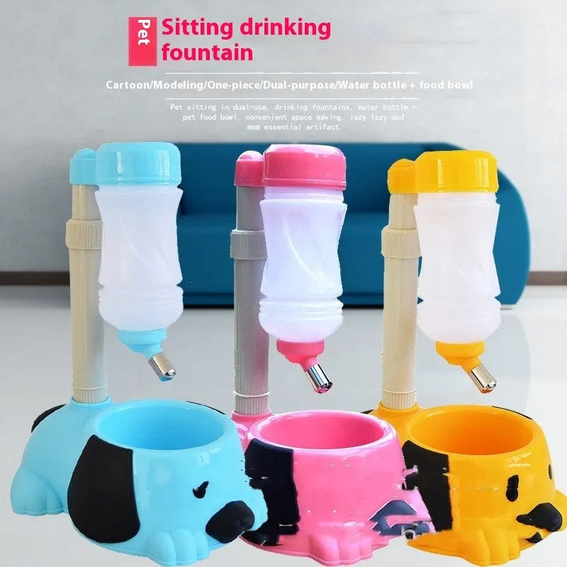 Adjustable rod lifting pet drinking bowl in blue plastic showing height mechanism.
