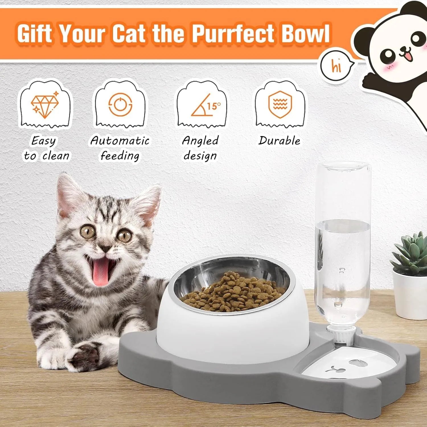 Grey panda-shaped pet feeder with automatic water bottle and tilted stainless steel bowls