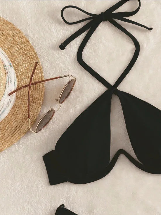 Women's solid colour halter bikini swimsuit in brown, blue or black options