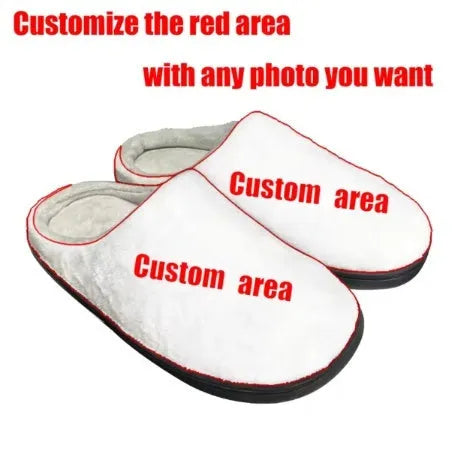 A pair of pattern printed flannel slippers with a TPR sole, shown in a customisable colour.