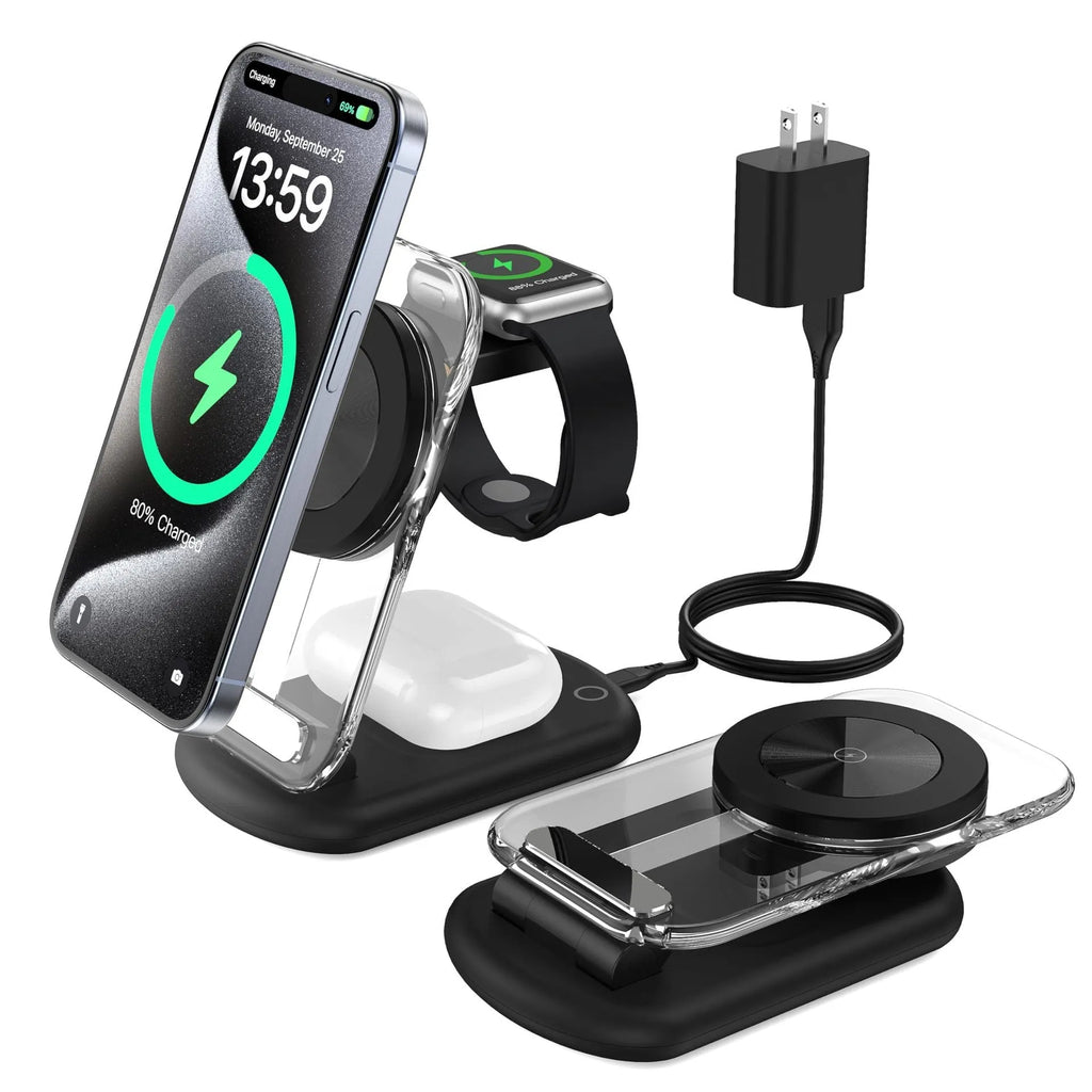 Transparent folding magnetic three-in-one wireless charger in black and white colours