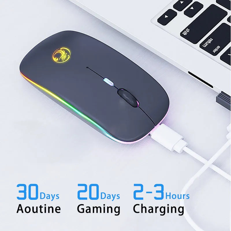 Black and white wireless mouse with silent buttons and luminous charging scroll wheel on a desk.