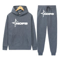 Unisex Gothic punk two-piece streetwear set with hooded sweater and matching trousers in light gray with white lettering