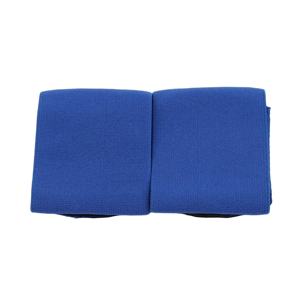 Football shin guard magic tape belt in red, blue, black, or white colours showing flexible rubber construction