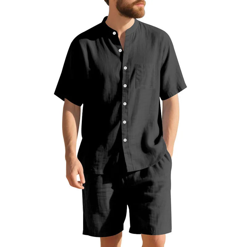Men's linen blend summer suit with Henry collar, short sleeves and matching shorts in army green