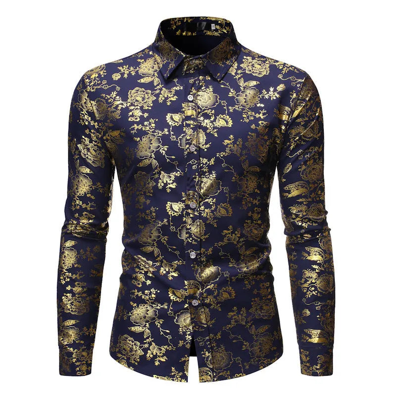 Men's casual shirt with metal bronzing printed lapel design in polyester fabric