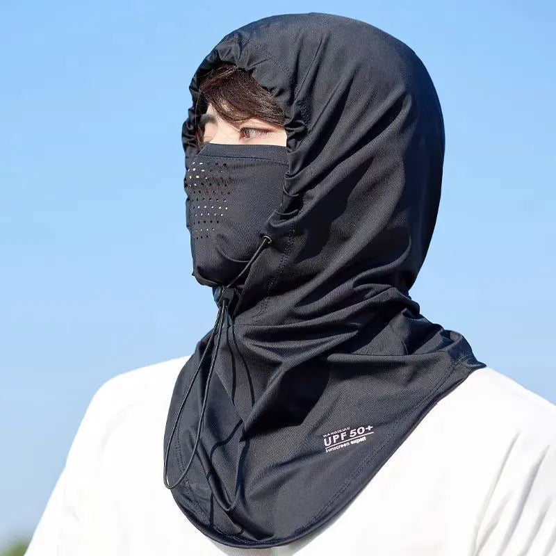 Sun protection ice silk hat scarf neck mask in black, ear-hanging bandana style with nylon fabric