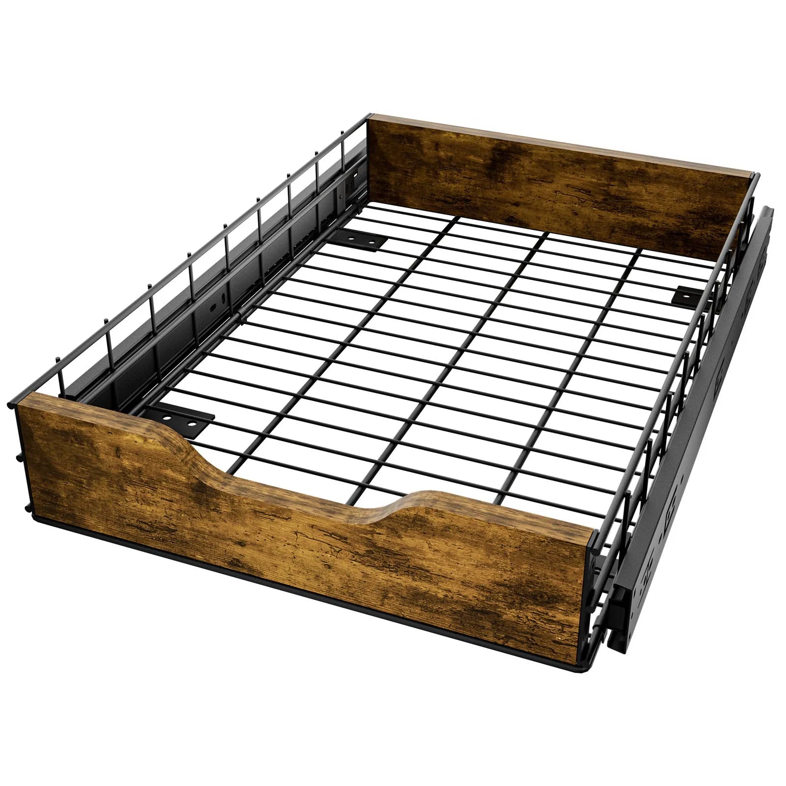 Black wooden and iron pull-out basket storage rack for kitchen or cabinet organisation.