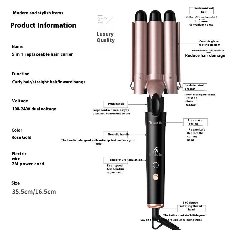 Rose gold five-in-one hair curler with LCD screen and heat-resistant gloves