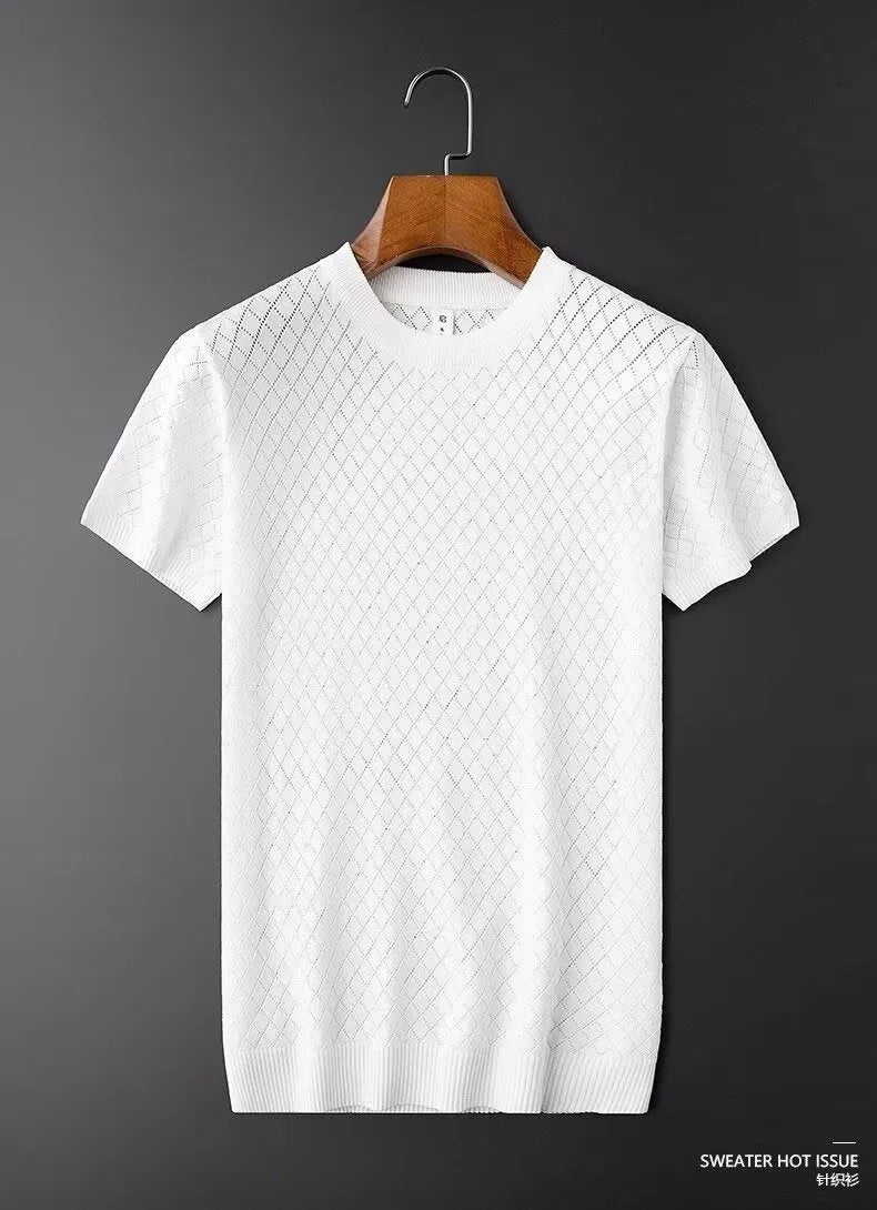 Men's white Ice Silk T-shirt with cut-out detail on V-neck, short sleeves, Korean style.