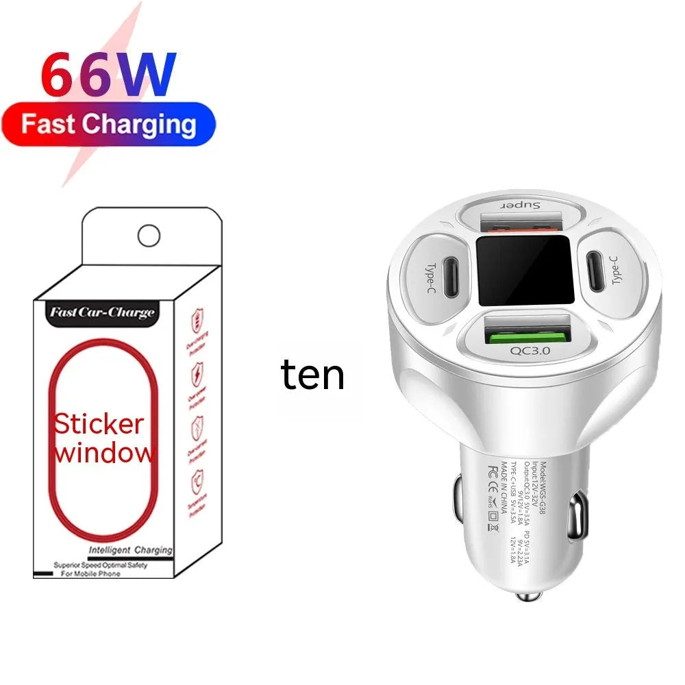 Black digital display car charger with two USB ports and two Type-C ports, showing voltage readout.