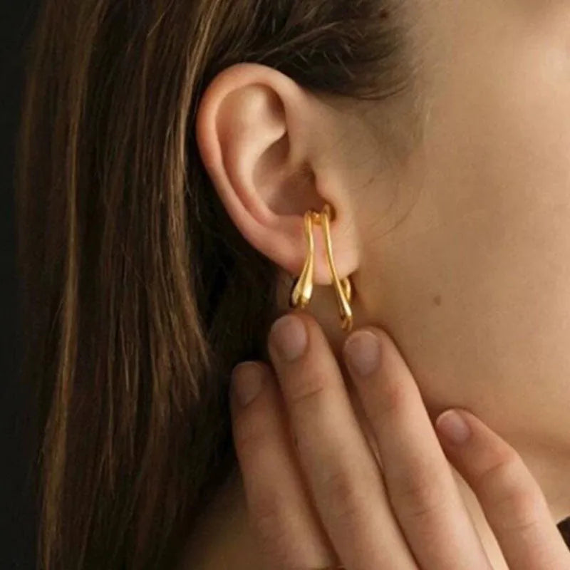 Double-layer geometric line copper ear clip earrings in gold and silver finish for women