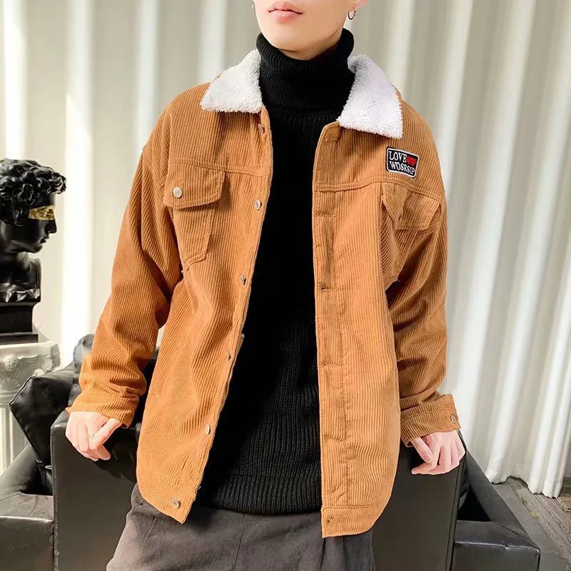 Men's loose fit corduroy workwear jacket in khaki colour with stick pockets