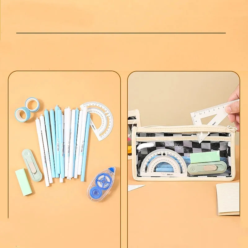 Transparent PVC pencil case with chessboard pattern measuring 21.5cm
