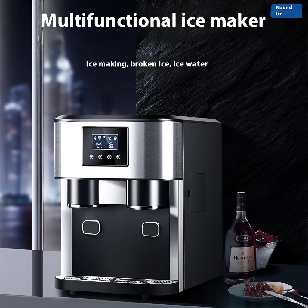 Black desktop ice making machine with stainless steel interior, showing ice maker, crusher, and cold water dispenser functions