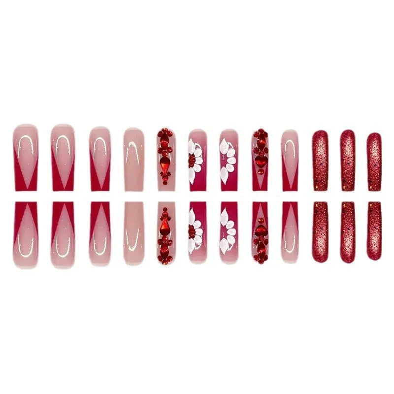 Sweet Flowers pattern false nails in red diamond colour, long European Square shape with glue and file