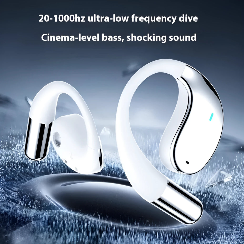 Beige and black portable sports Bluetooth earphones with ear-mounted creative design and digital display screen.