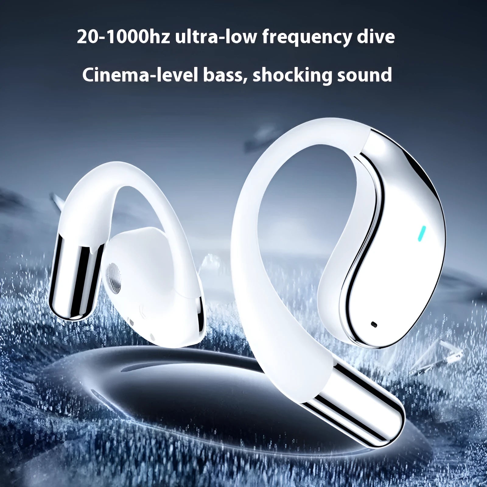 Beige and black portable sports Bluetooth earphones with ear-mounted creative design and digital display screen.