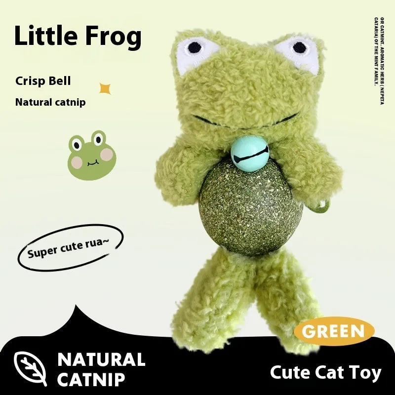 Small plush catnip toy shaped like an animal, featuring a bell, for cats to bite and play with.
