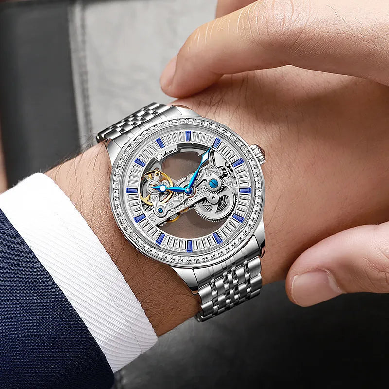 Men's rose gold stainless steel mechanical watch with business dial and onion crown.