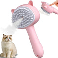 Cat steam brush with blue handle, rubber bristles, and release button for pet grooming