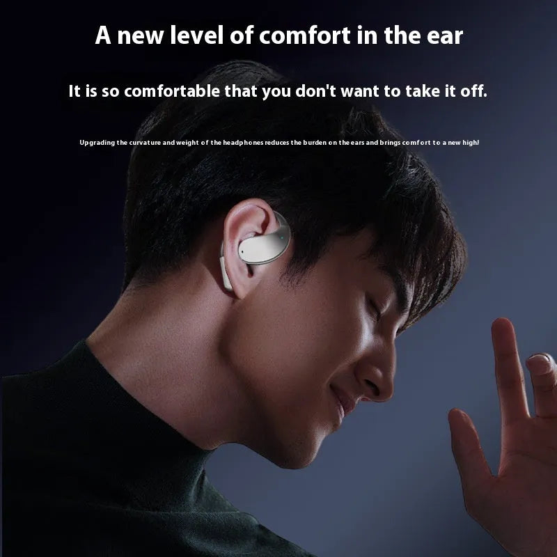 Beige and black portable sports Bluetooth earphones with ear-mounted creative design and digital display screen.
