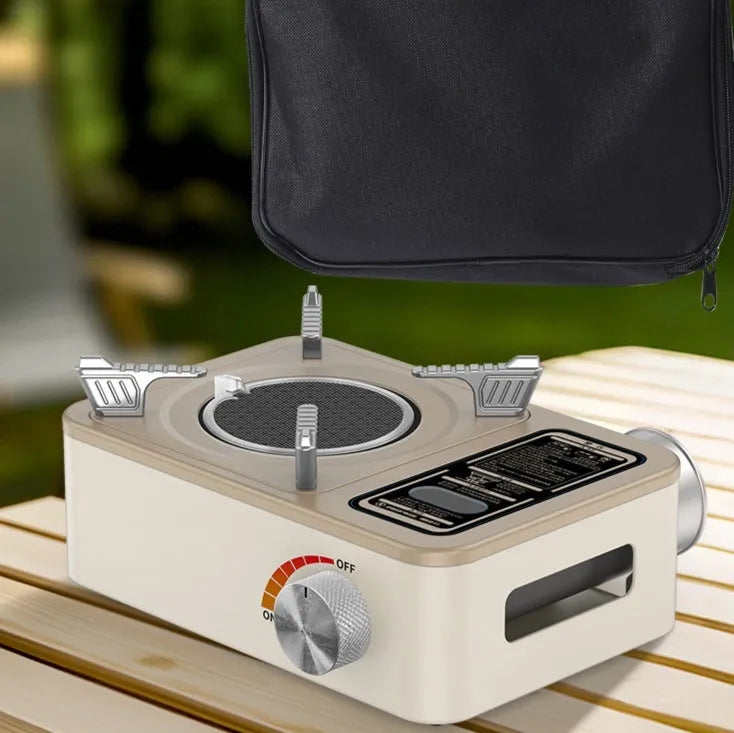 White portable gas stove with stainless steel construction for outdoor cooking