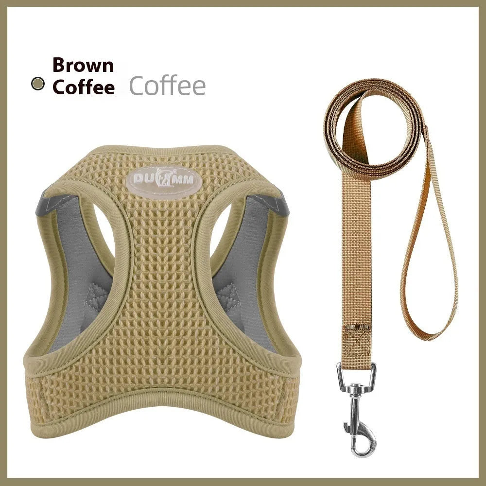 Brown waffle pattern cloth cat harness with integrated pulling rope shown on size M