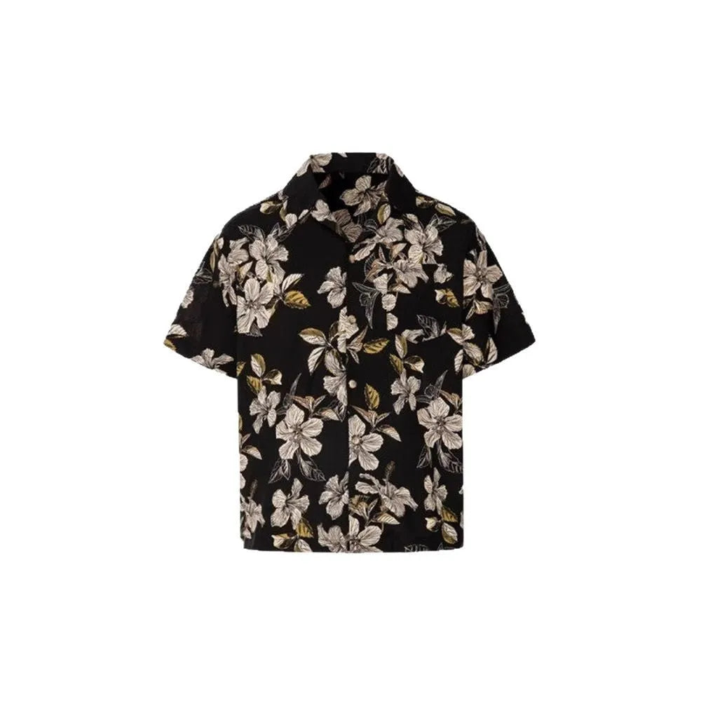 Black floral print mens shirt with vintage Cuban collar and short sleeves made from ice silk fabric
