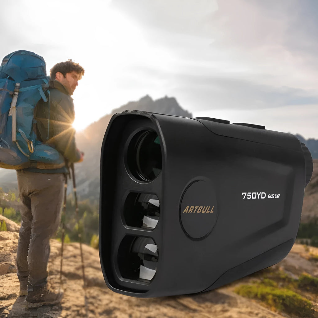 Golf laser rangefinder with slope compensation and USB-C charging showing LCD display with distance measurement