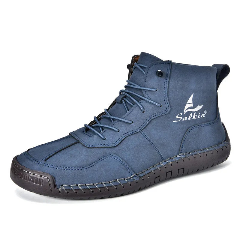 Men's retro-style high-top casual boots in frosted PU leather with elastic band closure and round toe.
