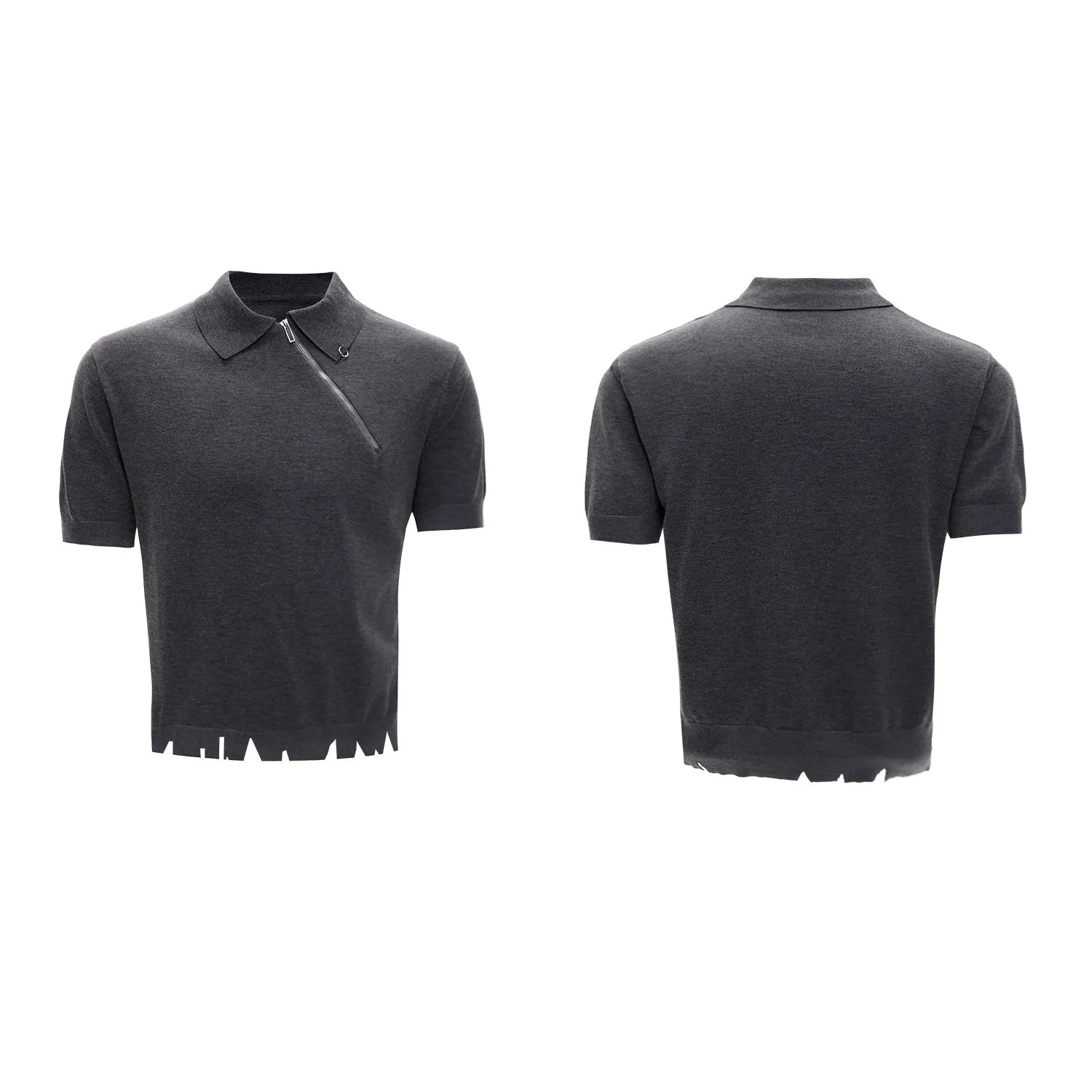 Man wearing a slim-fit black knitted polo shirt with an oblique zip and lapel collar.