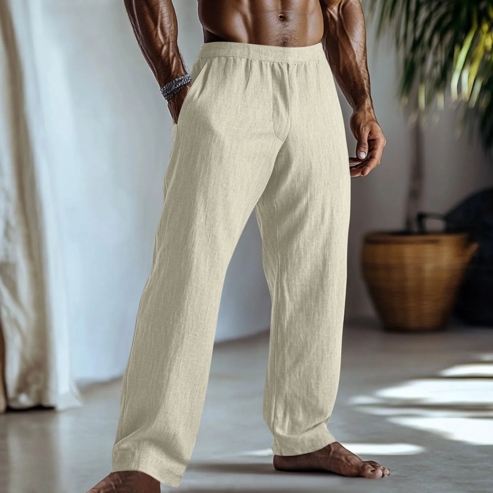 Men's straight leg cotton linen trousers in light green with side pockets and British casual styling