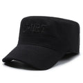 Men's flat-top peaked cotton cap in army green colour with an adjustable strap.