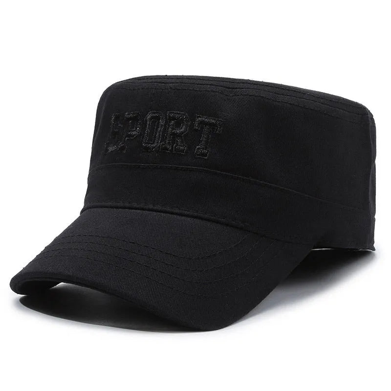 Men's flat-top peaked cotton cap in army green colour with an adjustable strap.