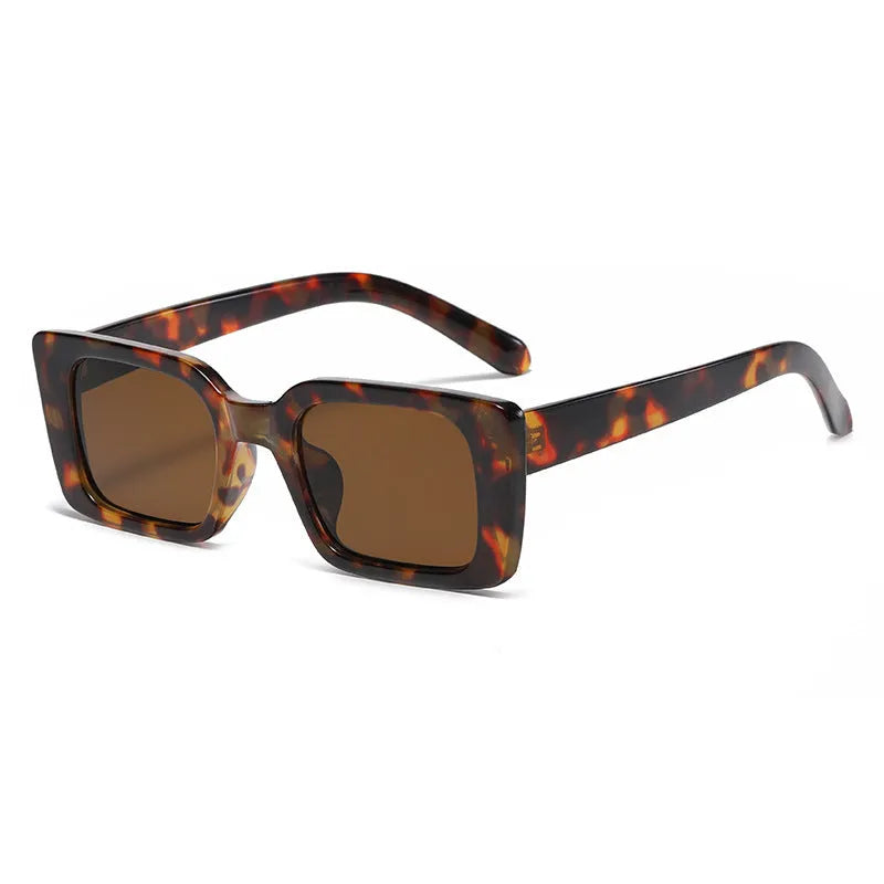 Square small frame sunglasses with PC lens, black frame and grey lens, simple flower design on bag