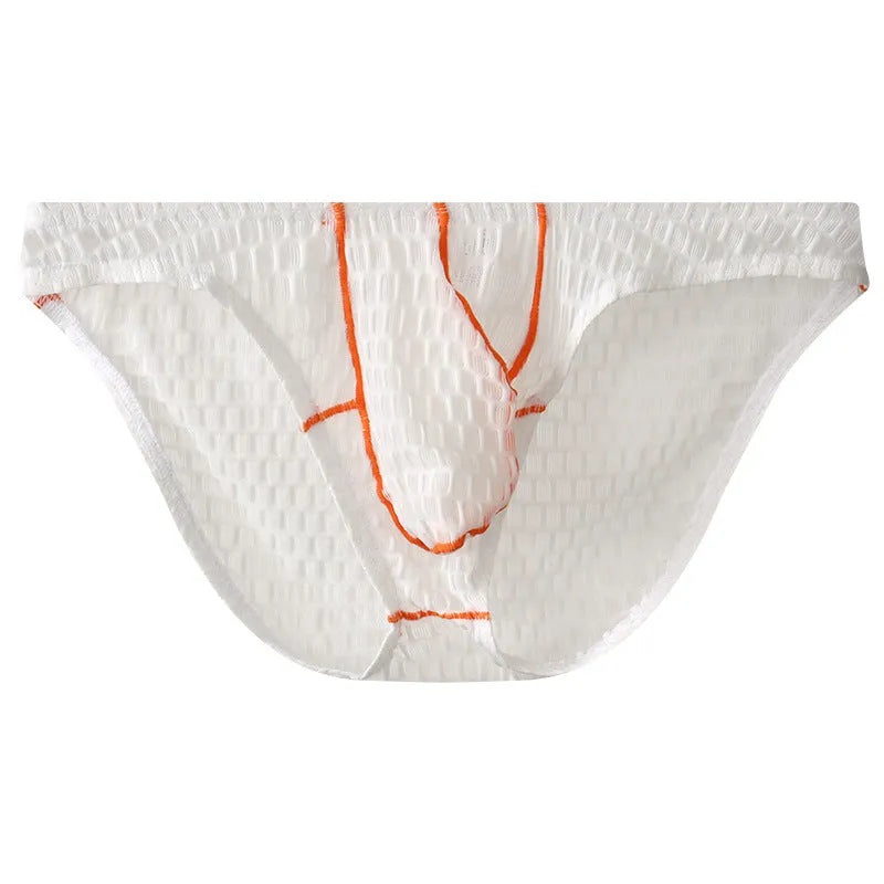 Men's low waist lace briefs in white, black, green, rose red, or light purple on a plain background.