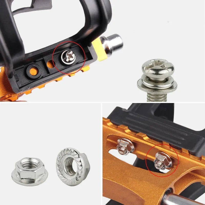 Pair of plastic spinning pedal foot holder covers with lashing straps and metal bolts on a black background