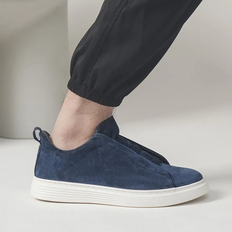 Men's no-tie elastic casual sneakers with top pigskin leather upper in gray, round toe, low-top design
