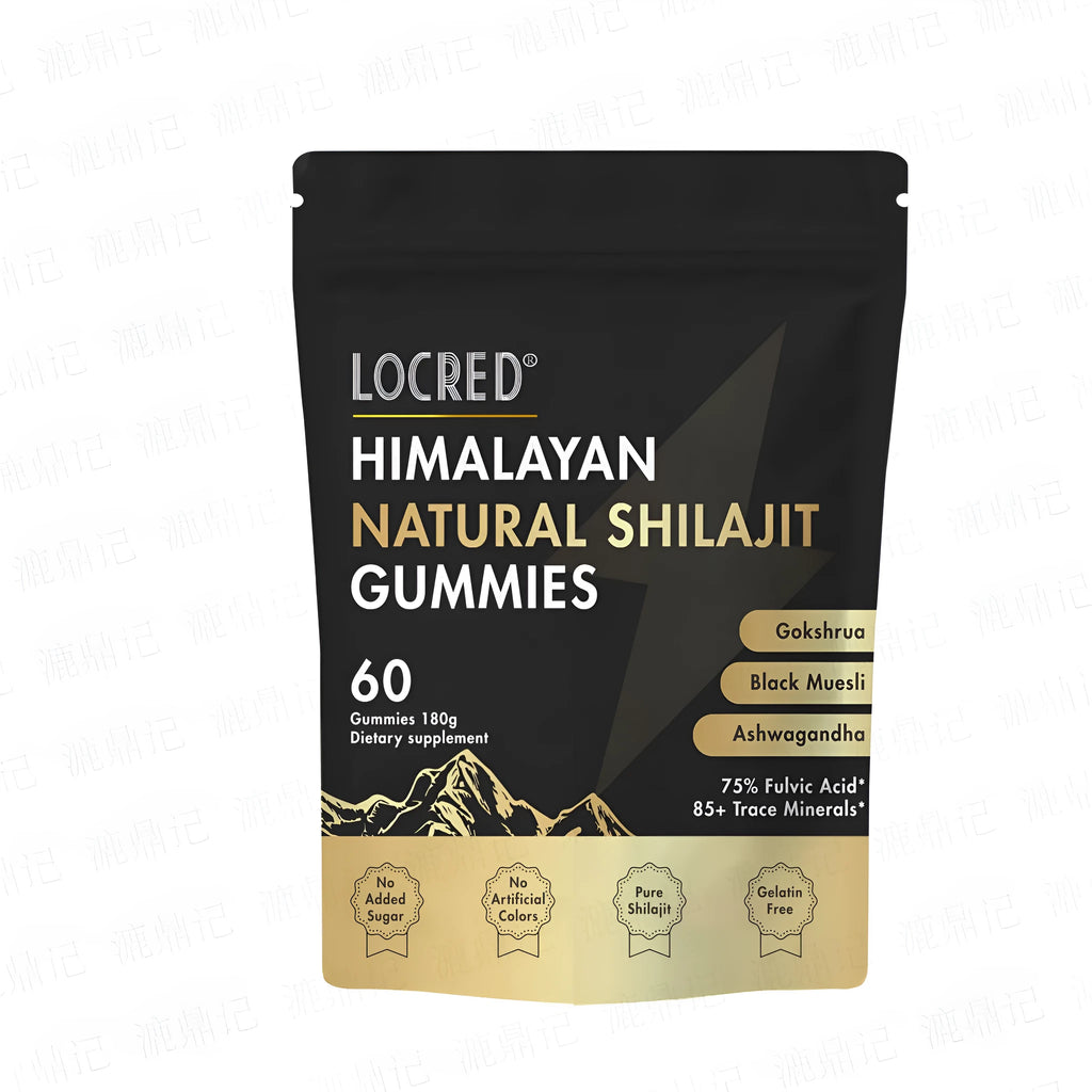 Natural flavoured Shilajit gummies 60 count in a pouch with vegan formula and fulvic acid
