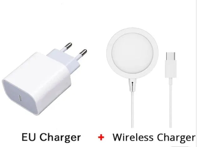 Silver metal Magsafe wireless charger for iPhone on a desk.