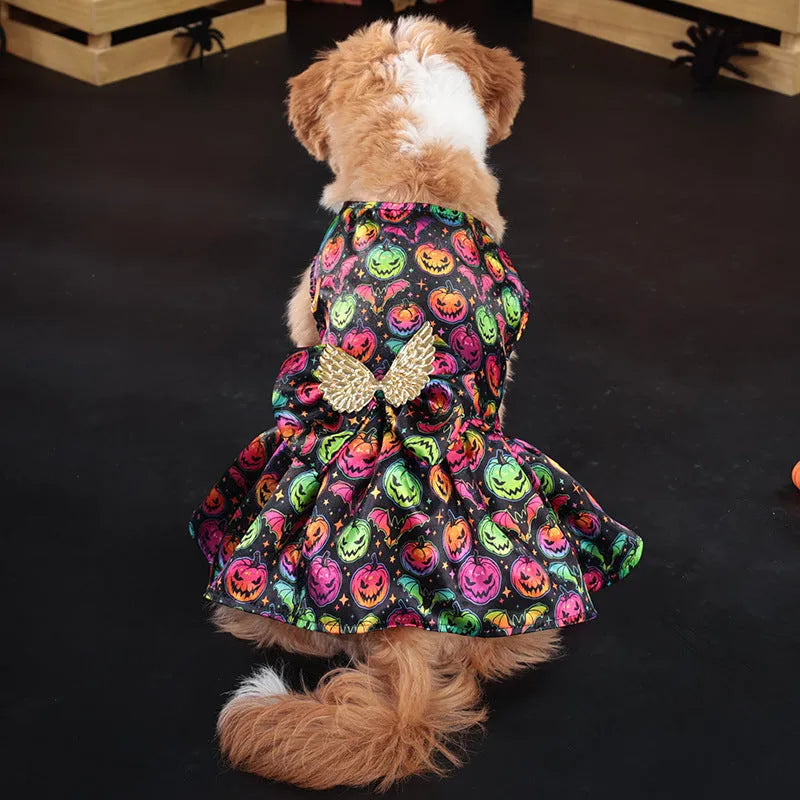 Halloween dog costume with angel wings in bright pumpkin or bright bat colours