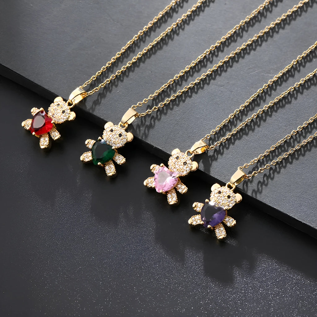 Copper micro inlaid zircon bear love gem necklace in green on a white background, adjustable 41-50cm
