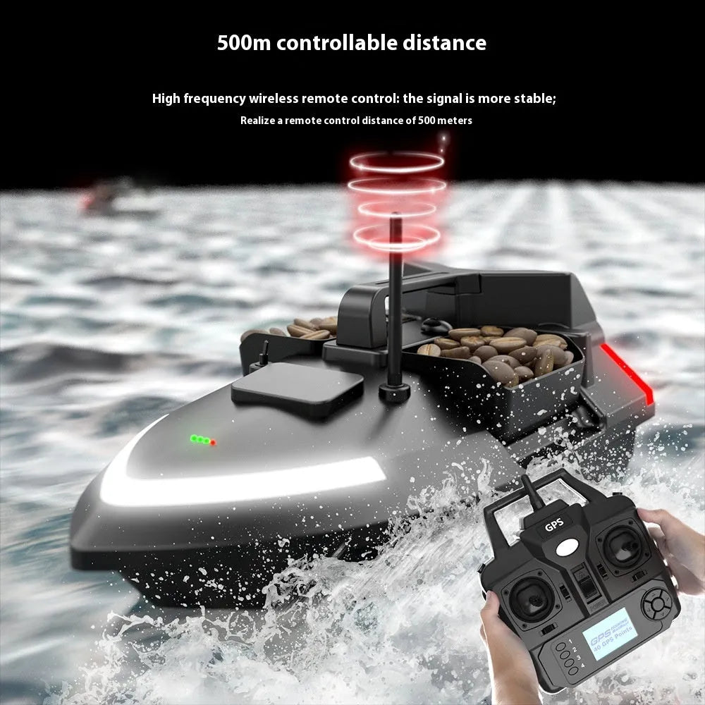GPS remote control fishing boat in black with LED light and remote controller