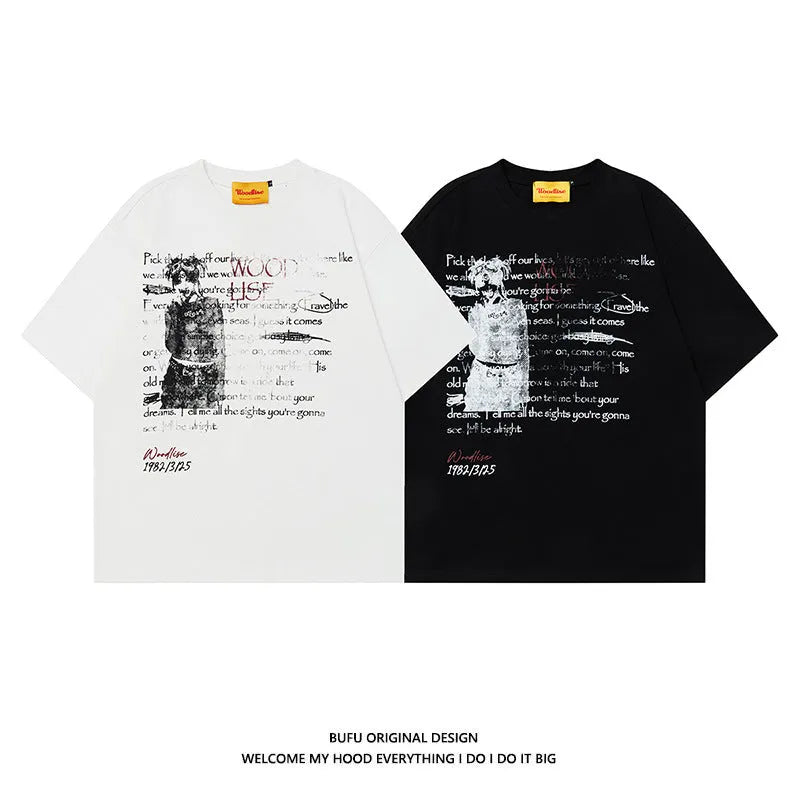 Men's black loose fit pure cotton T-shirt with white retro letter print and short raglan sleeves.
